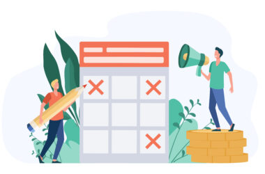 Two men and schedule for publications in social media. Coin, blogger, pencil flat vector illustration. Management and planning concept for banner, website design or landing web page