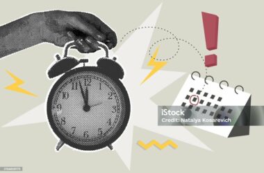 Trendy halftone collage. A hand holds a ringing alarm clock. Reminder on calendar. Vector business concepts for graphic and web design, marketing and print materials, social media. Vector illustration